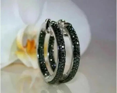 2Ct Round Lab-Created Black Diamond Women's Hoop Earrings 14K White Gold Plated