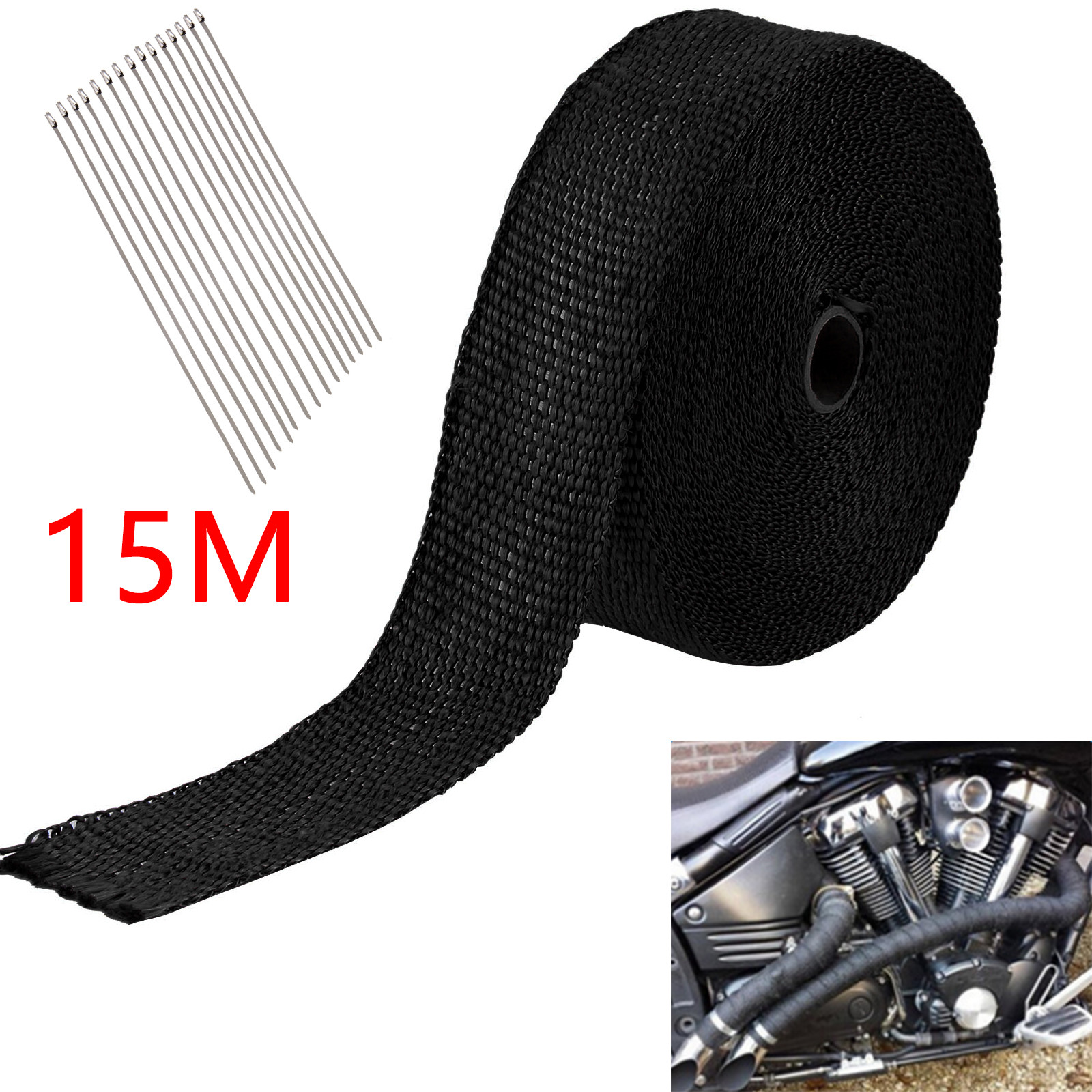 15M FIBREGLASS HEAT WRAP EXHAUST MANIFOLD INSULATING TAPE+10 CABLE TIES