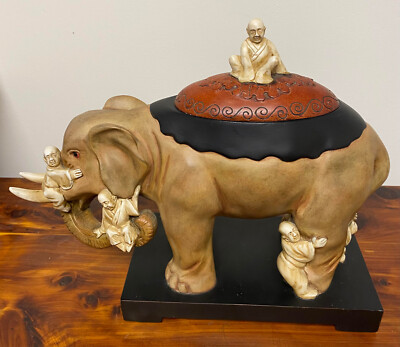 LARGE ELEPHANT WITH MONKS ''RAJAH'S RIDE'' with COVERED LID