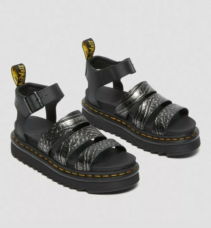 WOW!! Dr Martens Blaire Gunmetal Wild Croc Emboss Leather Sandals 