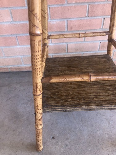 Antique Rattan Bamboo Accent Table Plant Stand Rare Asian Burn Art Pyrography - Picture 13 of 22