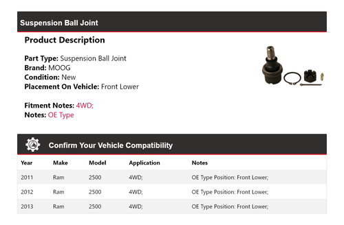 For 2011-2013 Ram 2500 4WD Suspension Ball Joint Front Lower MOOG 2011 2012 2013 - Picture 2 of 5
