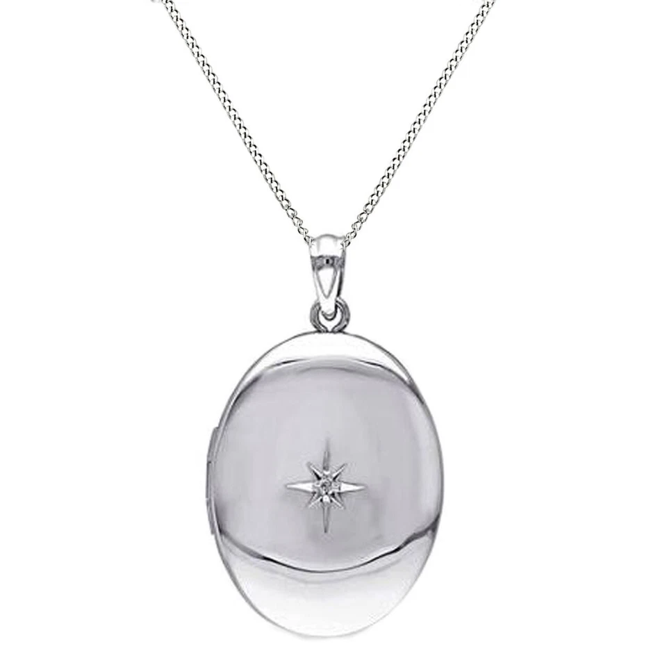 Colgante medallón de plata chapado en oro blanco de 10 quilates con detalles de diamantes naturales cadena de 18" Foto 3 de 4