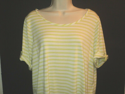Zenergy by Chico's Top Sz 2 M-L 14 Lime Green & Off-White Stripes