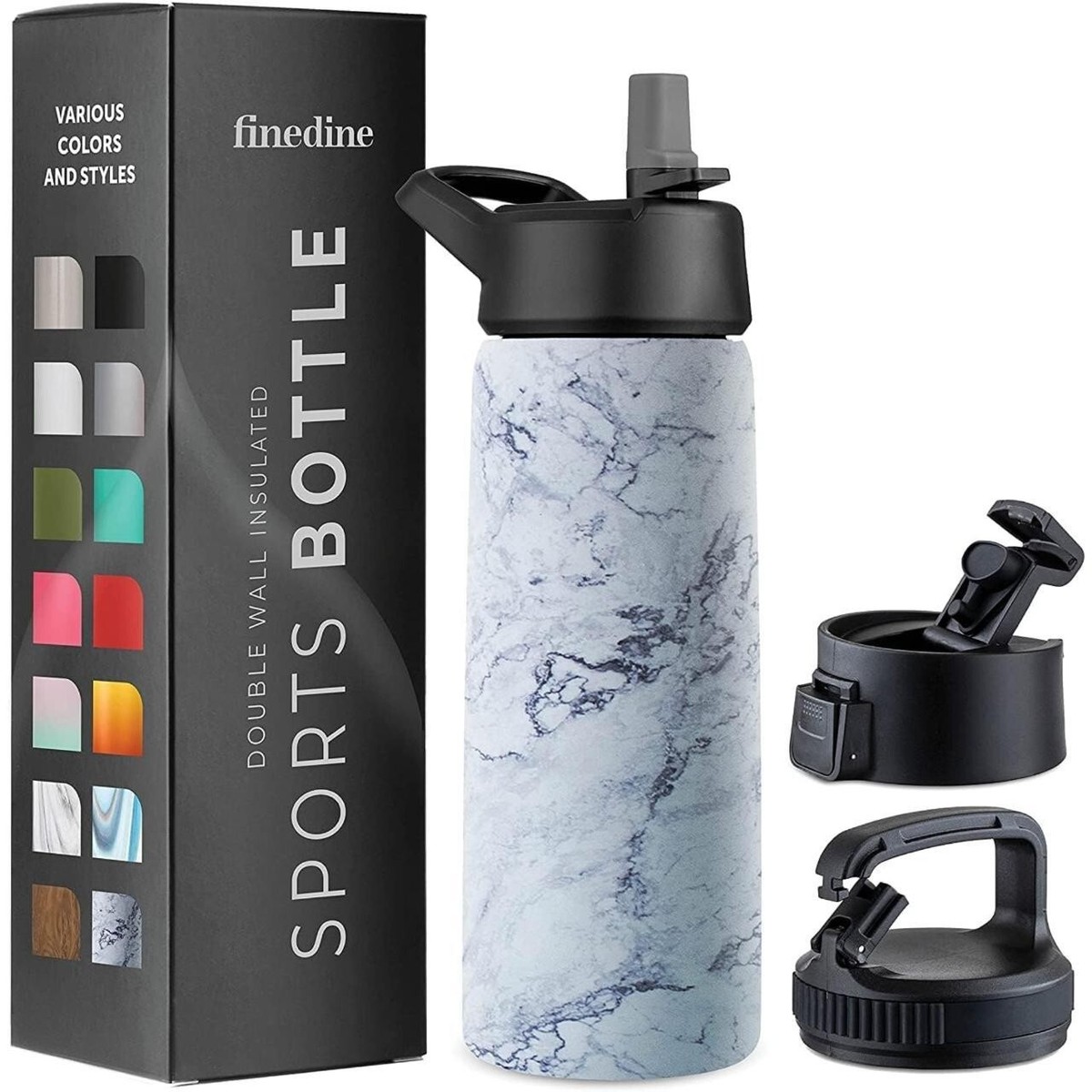 Finedine Triple Insulated Stainless Steel 750ml Marble Water Bottle Straw  Lid