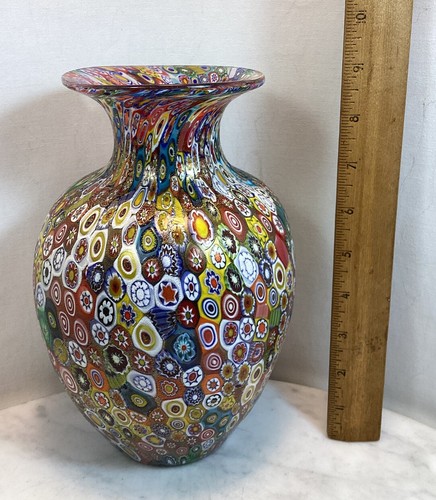 Vaso vintage MURANO in vetro artistico millefiori oro alto 9" - Foto 18 di 19