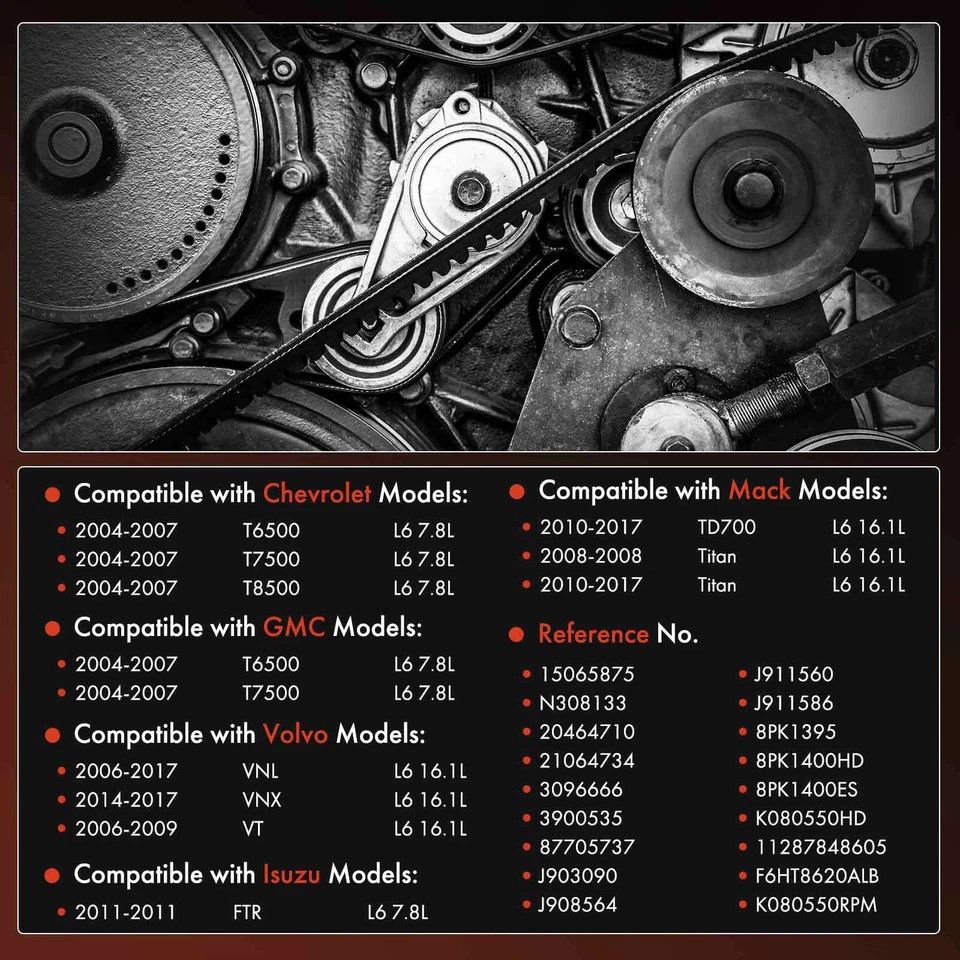 Cinturón serpentino 55,13 pulgadas para Chevrolet T6500 T7500 T8500 GMC Isuzu Mack Volvo Foto 2 de 4