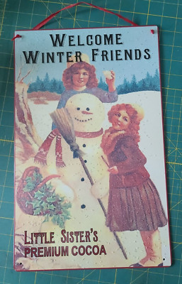 Christmas Welcome Winter Friends Cocoa Tin Metal Sign Snowman Holiday