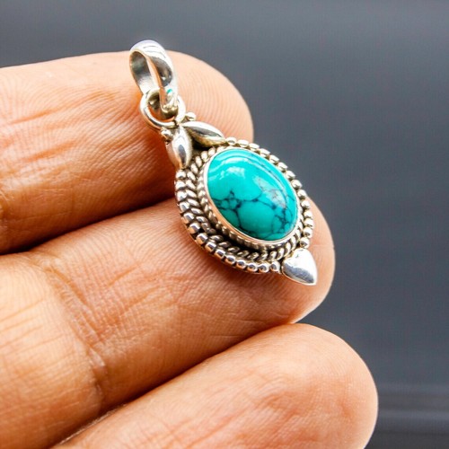 Rosa Turchese Gemma 925 Argento Sterling Handmade Ciondolo - Foto 3 di 5
