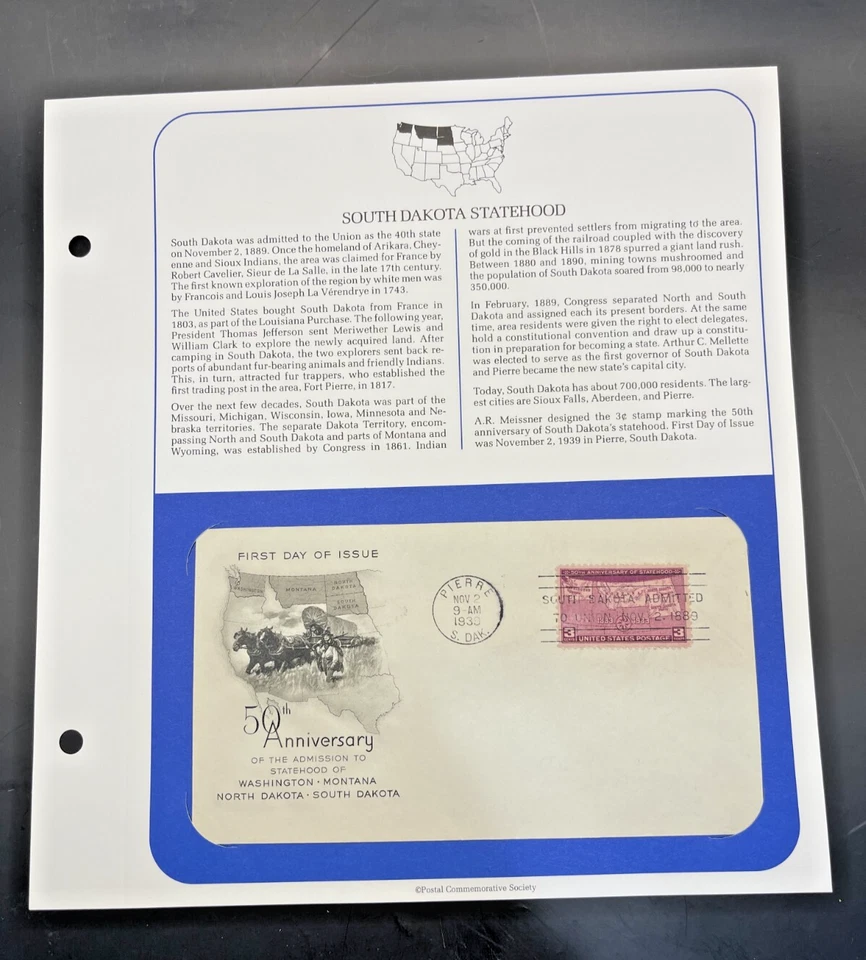 1939 FDC South Dakota Statehood Nov 2 Pierre SD Vintage First Day Cover - Image 2 of 2