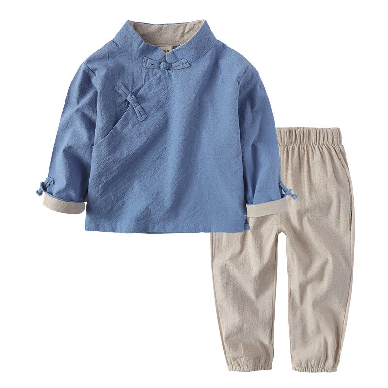 2Pcs Bambini Cinese Anno Nuovo Completo Ttang Abito Cotone Lino Etnico Vestiti - Immagine 3 di 4