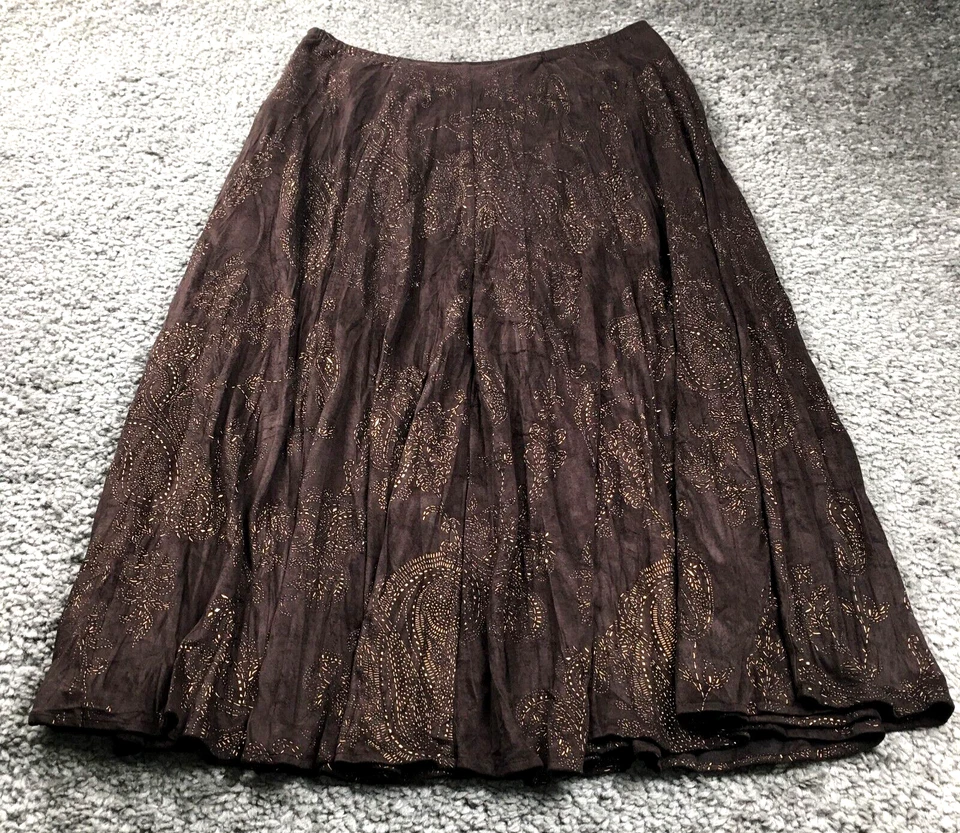 Chico's Womens Skirt Sz 1 US M Brown Paisley Beaded Lined Side Zip - Image 2 of 4
