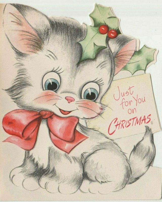 ADORABLE VTG 1940'S KITTEN RED BOW CAT CHRISTMAS GREETING CARD UNUSED