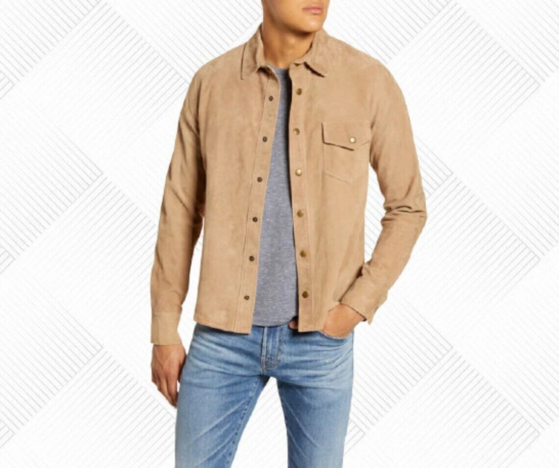 Authentic New Men's Suede Shirt Real Sheepskin Causal Wear Custom Made Shirt