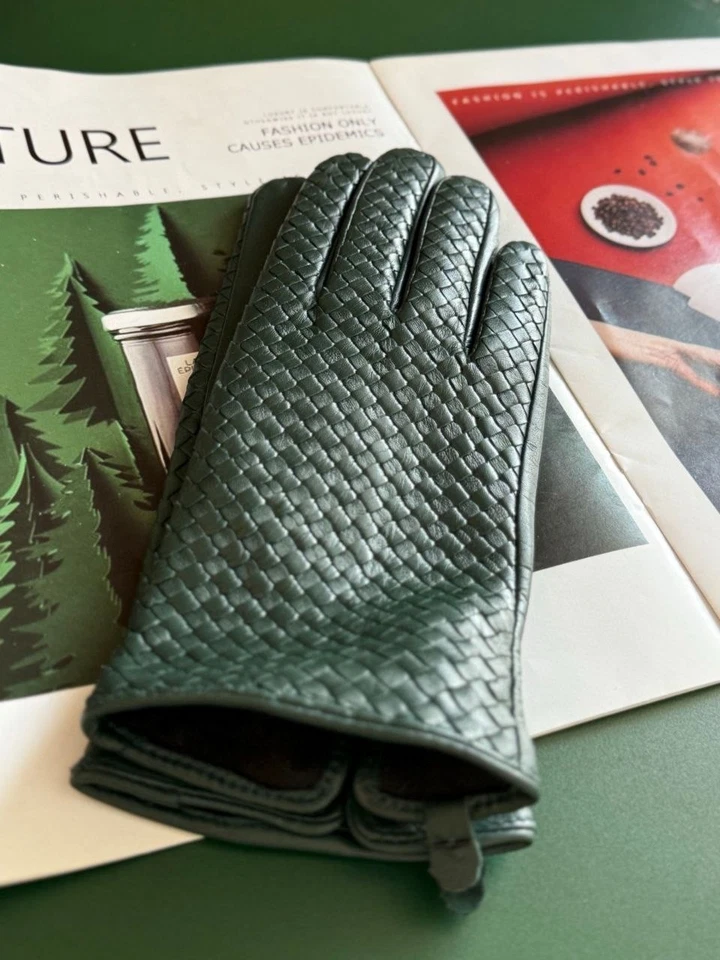 Guantes de cuero tejido Bottega Veneta para mujer verde oscuro Intrecciato talla M Foto 2 de 4