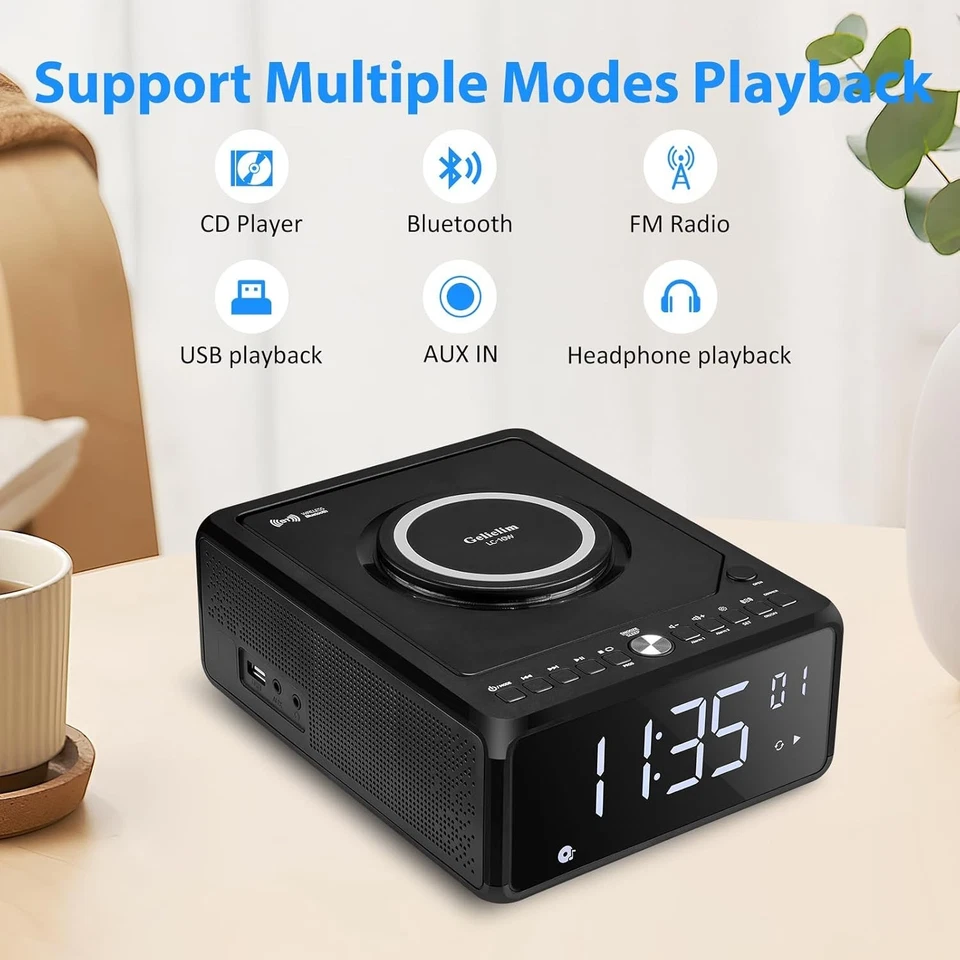 CD Player Alarm Clock Radio with Remote, Bluetooth Boombox CD Players for Hom... - Image 3 of 4