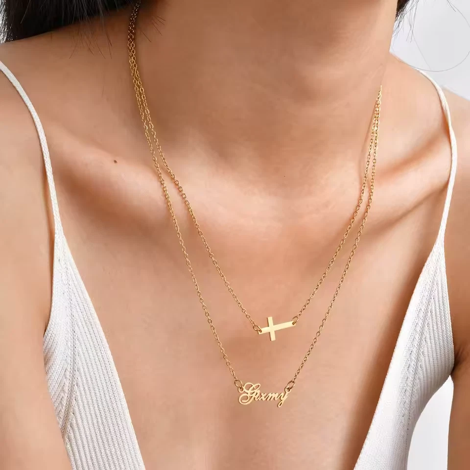 Collar Cruz Nombre Personalizado Doble Capa Cadena Colgante Joyería Acero Inoxidable Foto 3 de 4