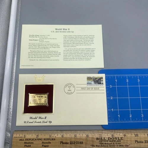 World War II 22kt Gold Stamps First Day of Issue 32 Cent U.S. & SOVIETS LINK UP