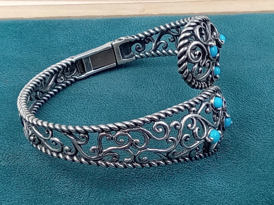 Carolyn Pollack Hinged Sterling Silver Bracelet w. Turquoise Stones: 7" Interior - Image 2 of 4