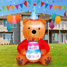 6ft Inflatable Birthday Bear with Cake & Hat Lighted Yard Decor Party Outdoor