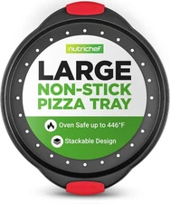 NutriChef 13-Inch Nonstick Pizza Tray - Round Carbon Steel 1 Pack, Black 