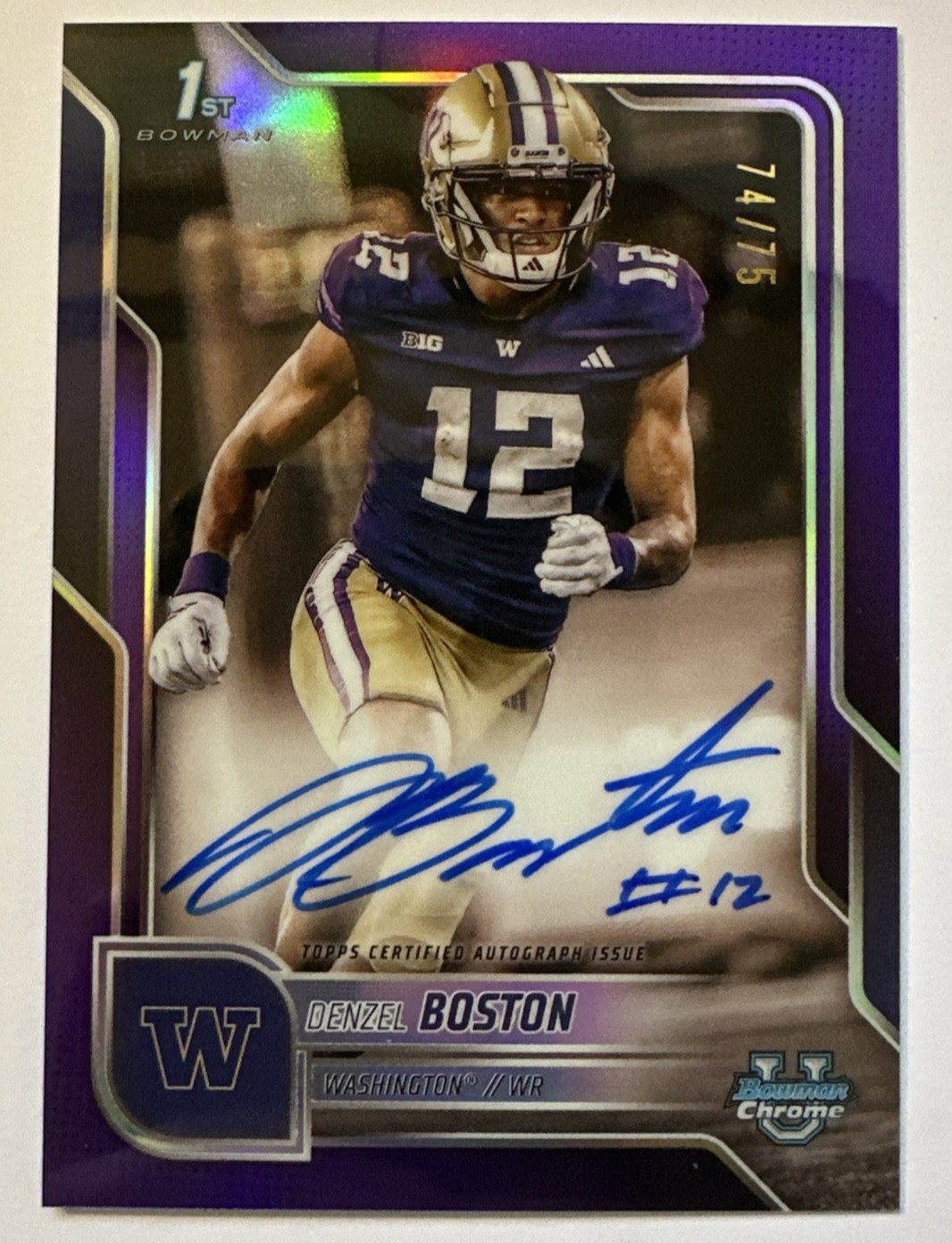 2025 1st Bowman Chrome U University Denzel Boston Purple RC Auto /75 Washington