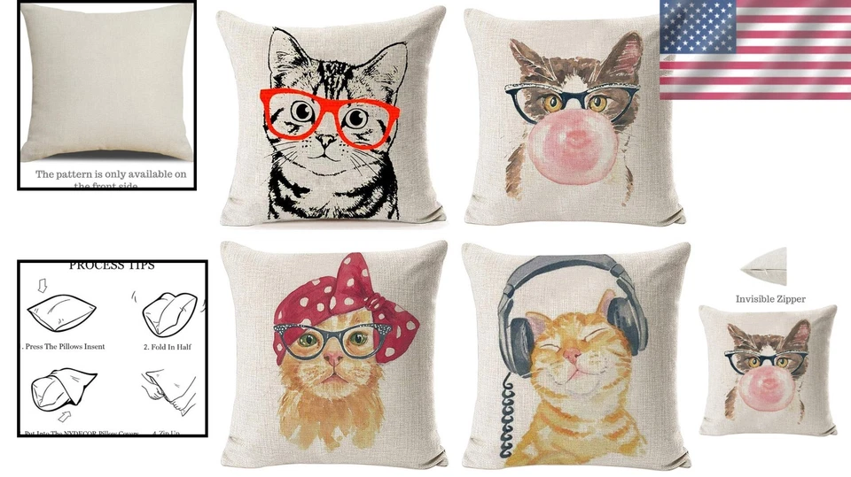 Fundas de almohada duraderas con tema de gato - Juego de 4 Foto 2 de 4