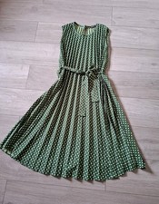 Boohoo Green & White Spotted Pleated Flared Dress Tie Belt Midi Smart Casual UK8