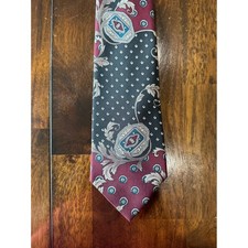 Haggar Mens Necktie Burgundy Gray Teal Geometric Leaf Pattern Made in USA 2144