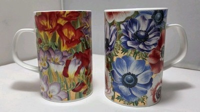 2 Dunoon Keats & Byron Cups England Fine Bone China Jean Brookshaw Mugs Flower