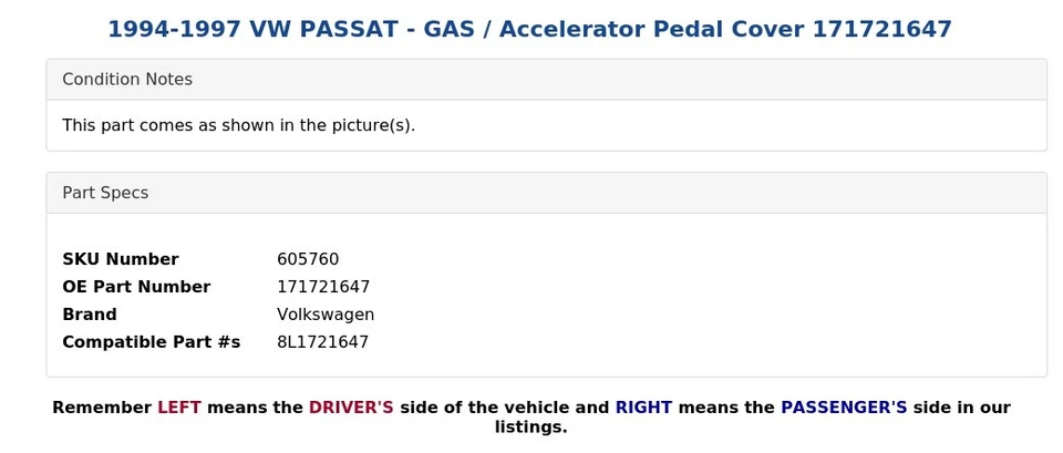 VW PASSAT 1994-1997 - Cubierta de pedal de acelerador/gas 171721647 Foto 3 de 4