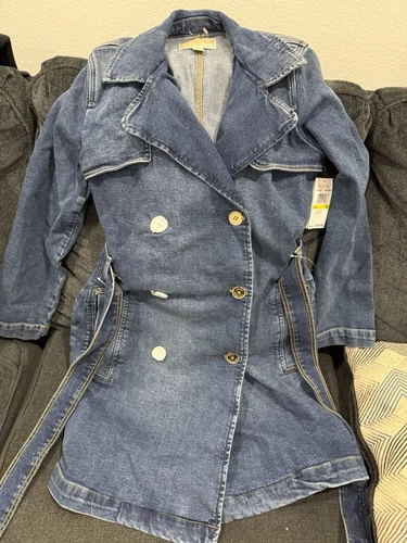 Nuovo $155 Michael Kors lungo jeans denim trench cappotto giacca lungo M blu lago