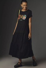 Anthropologie Farm Rio Short-Sleeve Tiered T-Shirt Midi Dress Size S NWT Black