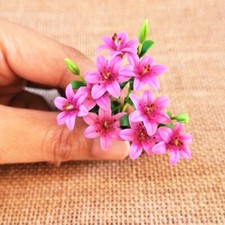 Dark Pink Color Lily Clay Flowers Bouquet 3 Bunches Flower Miniature Dollhouse