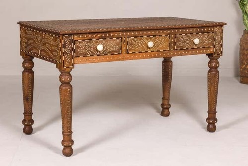 Anglo Indian Style Mango Wood Console or Desk with Three Drawers and Bone Inlay - Picture 10 of 19