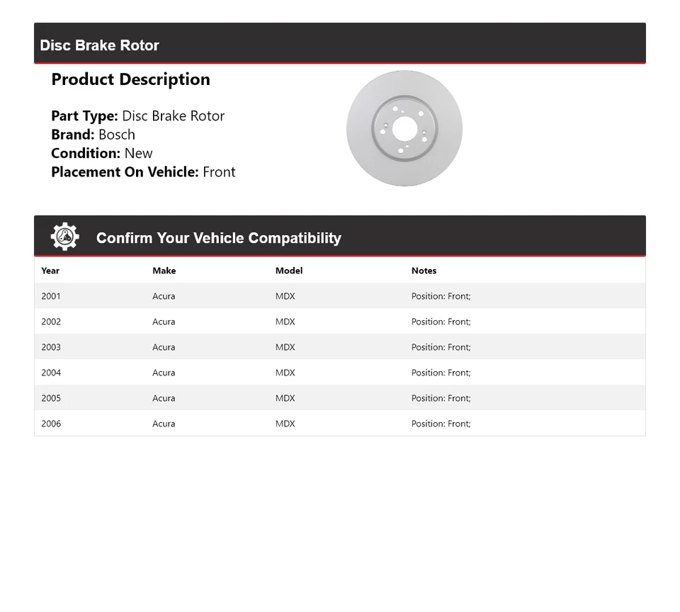 Rotor de freno de disco delantero QuietCast Bosch 2001-2006 Acura MDX 2002 2003 2004 Foto 2 de 4