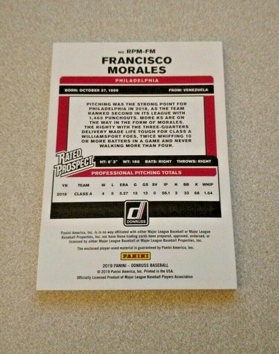 2019 Panini Donruss Rated Prospect #RPM-FM Francisco Morales Phillies /99 - Picture 2 of 2