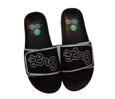 Lifted Research Group LRG Mens Cursive Logo Slides Black Sandals Shoes New 11