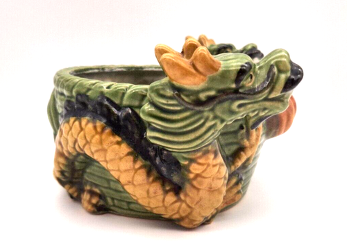 Vintage Majolica Double Foo Dragon Planter Hand Painted Embossed Marked - Picture 6 of 12