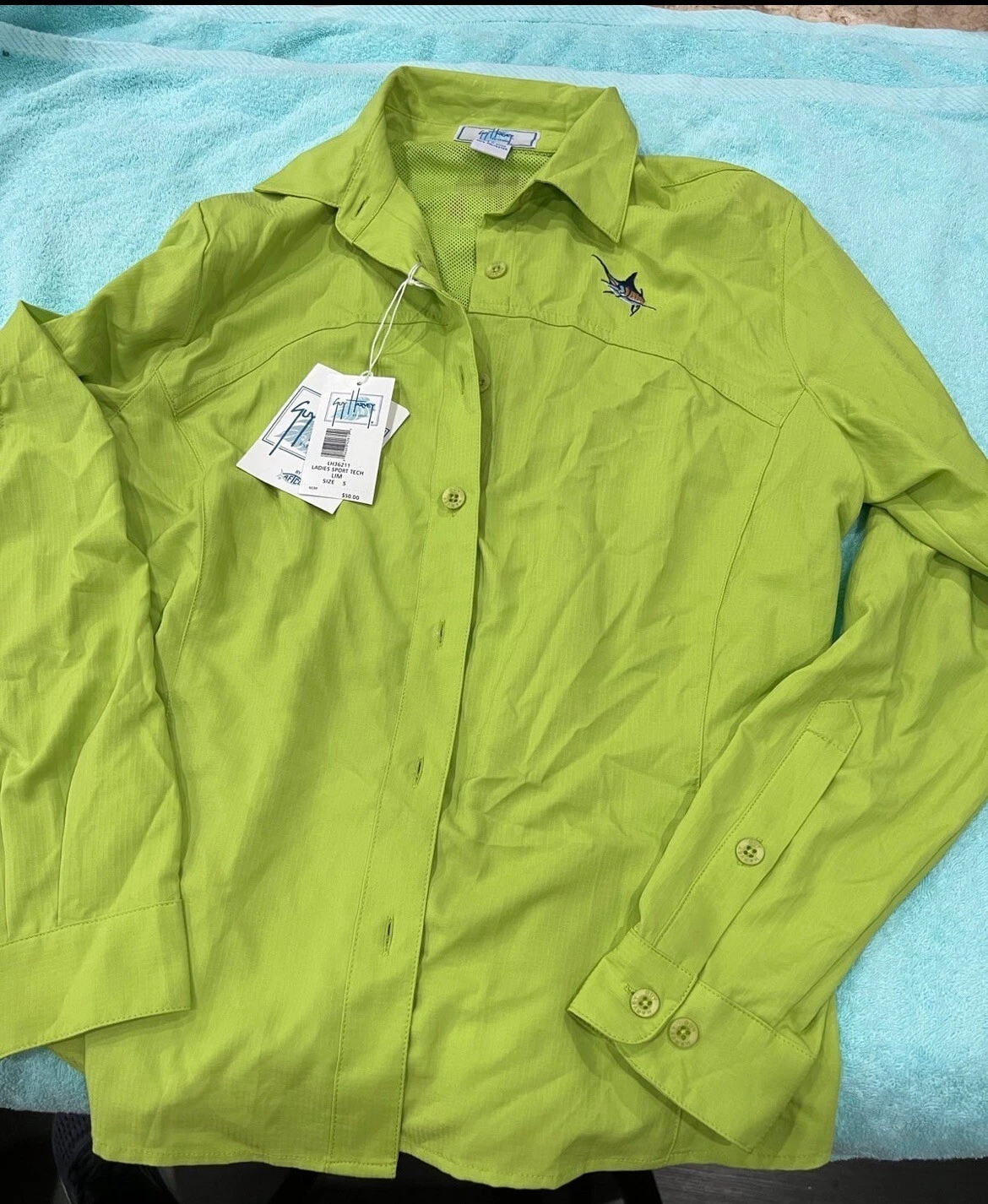 Guy Harvey Button Down Outdoor Shirt Lime Green Long Sleeve Roll Tab Women's S