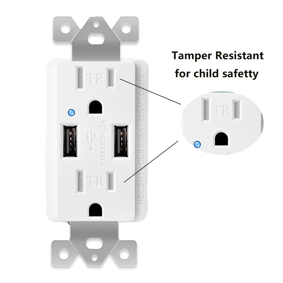 Placa receptáculo elétrica resistente a adulteração carregador tomada de parede USB tipo C dupla - Imagem 4 de 4
