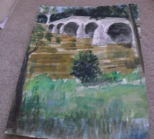 Original Unsigned Watercolor Painting Unique Stone Bridge Over River 12x9