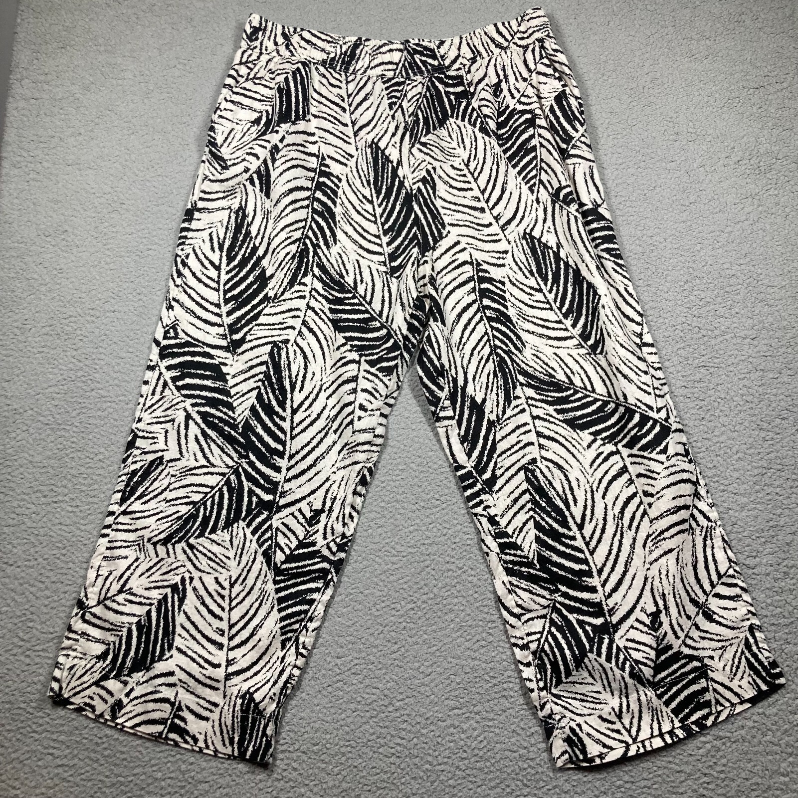 Cynthia Rowley Pants Womens 1X Black White Leaves Linen Wide Leg Pull On Coastal