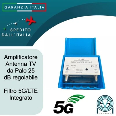 VSNETWORK Amplificatore antenna TV da palo con filtro LTE/5G 25 dB regolabile 1 UHF