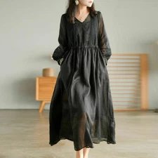 Ladies Linen Cotton Loose Long Dress Lace Patchwork Ethnic Retro Summer Beach