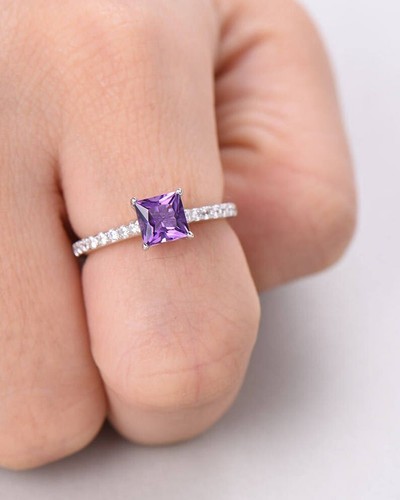 1,50 Karat Prinzessin Schnitt Labor-erstellt Amethyst Verlobungs Solitär Ring 925 Silber - Bild 4 von 6