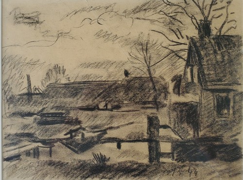 Zeichnung Kohle Landschaft Dorf Emil Brose Norddeutsch Signiert 1944 - Picture 2 of 10