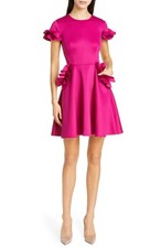 TED BAKER Deep Pink Neoprene Jersey Knit Ruffle Trim Fit Flare Dress 4TB = 10US