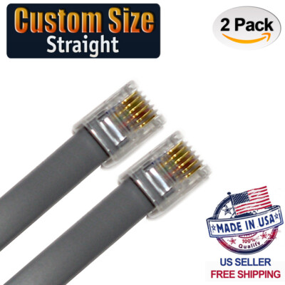 (2 Pack) Gray RJ12 6P6C Straight Data Cable. Custom Size From 2'' - 7ft