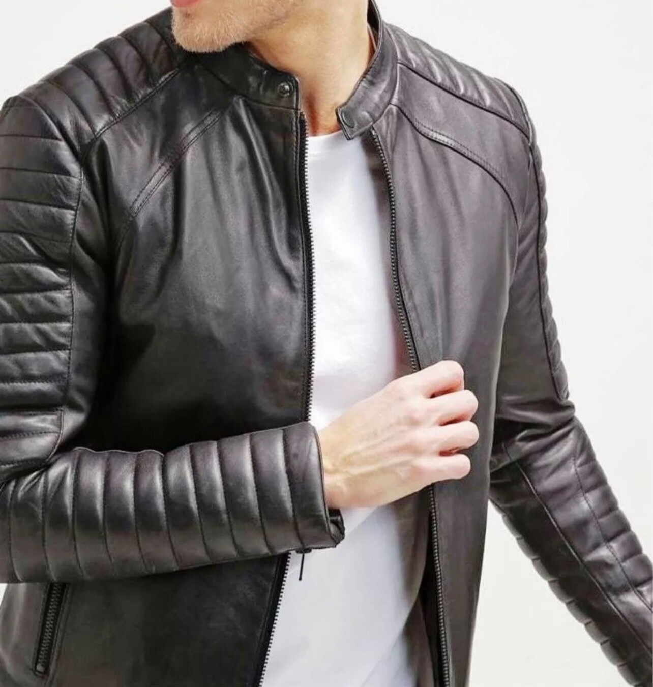 Mens Black Soft Sheep Leather Jacket Genuine Leather Jacket Men Biker Black Moto